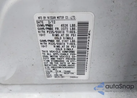 2012 Nissan Rogue Sv W/Sl Pkg z USA, uszkodzony, nr VIN JN8AS5MV3CW396691